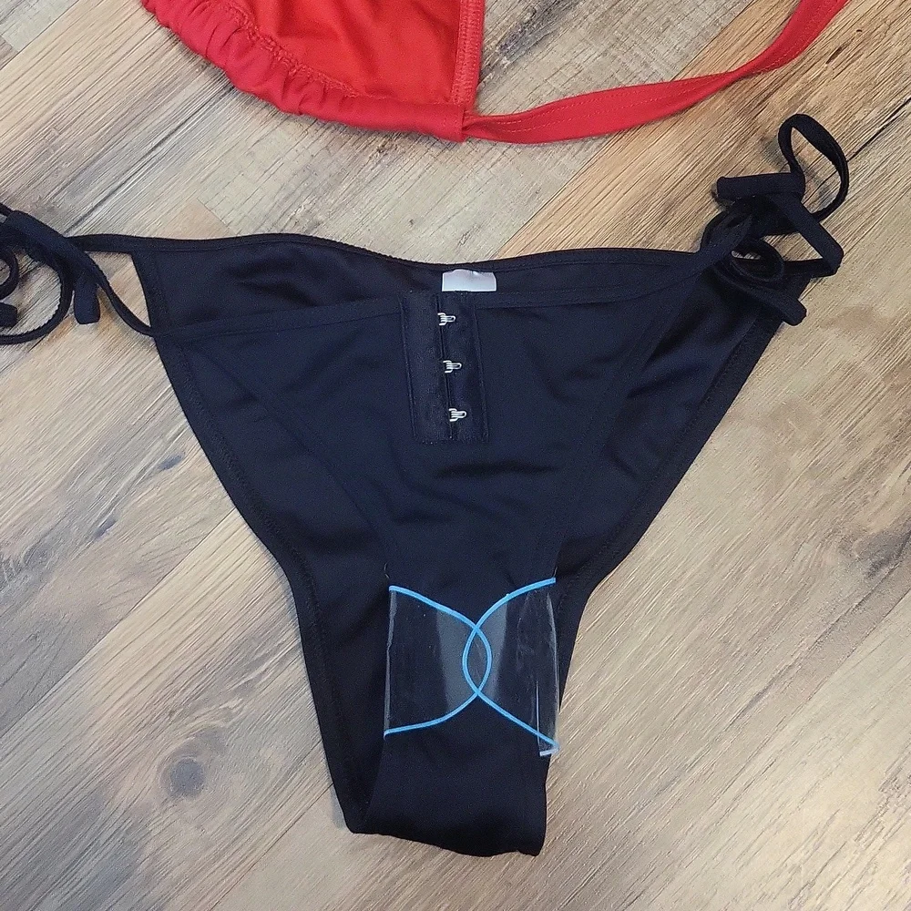 ASOS Black Red Strappy Hook & Eye Triangle Bikini Top & Back Seam String Bottom - Picture 8 of 14